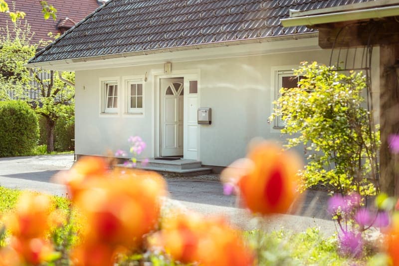 Hauseingang mit Tulpen im Vordergrund